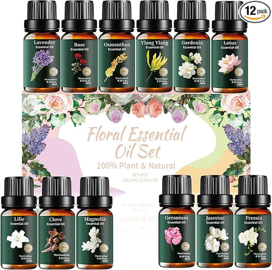Floral Essential Oils Set Pure, Rose, Gardenia, Jasmine, Lavender, Osmanthus, Lily, Lotus, Ylang Ylang, Magnolia,Geranium, Freesia, Clove for Diffuser, Skin, Hair, Candle & Soap Making 12x10ml