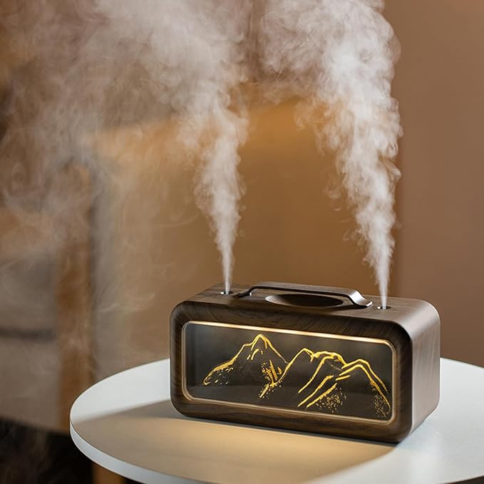 600ML Dual Mist Spray Snow Mountain Essential Oil Diffuser with 3 Modes Night Light USB Desktop Humidifier for Bedroom Home Office