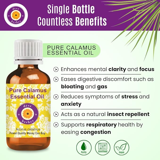 Deve Herbes Pure Calamus Essential Oil (Acorus Calamus) Steam Distilled 10ml (0.33 oz)