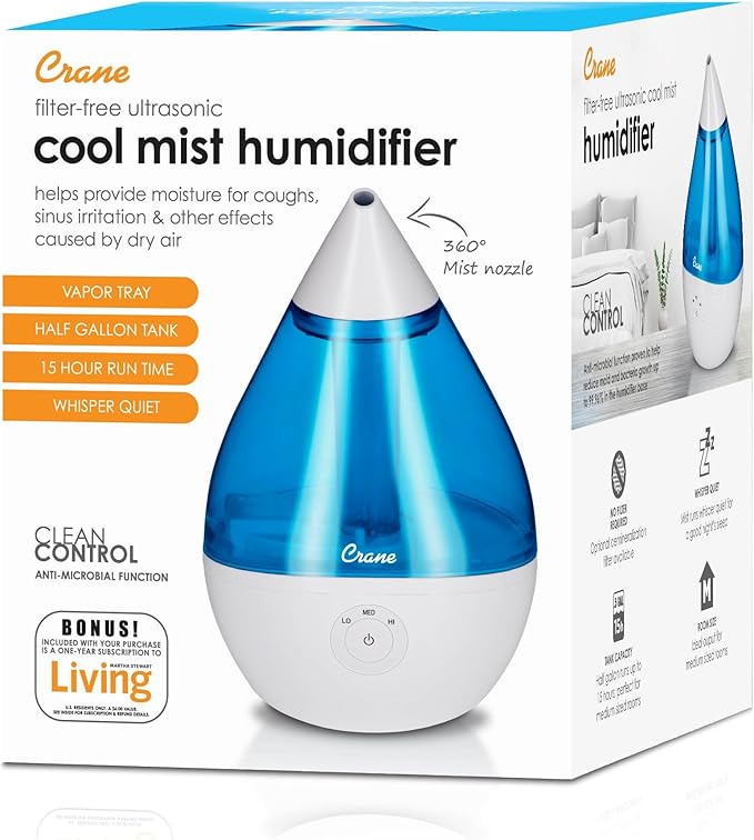 Crane Droplet Ultrasonic Small Air Humidifiers for Bedroom and Office, 0.5 Gallon Cool Mist Humidifier for Plants and Home, Humidifier Filters Optional, Blue and White
