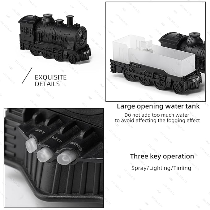 300ML Train Humidifier, Train Diffusers for Essential Oils, 2 Color LED Vintage Steam Christmas Train Aromatherapy Diffuser, 2 Dual Mist Modes Train Cool Mist Air Aroma Humidifier (Black)