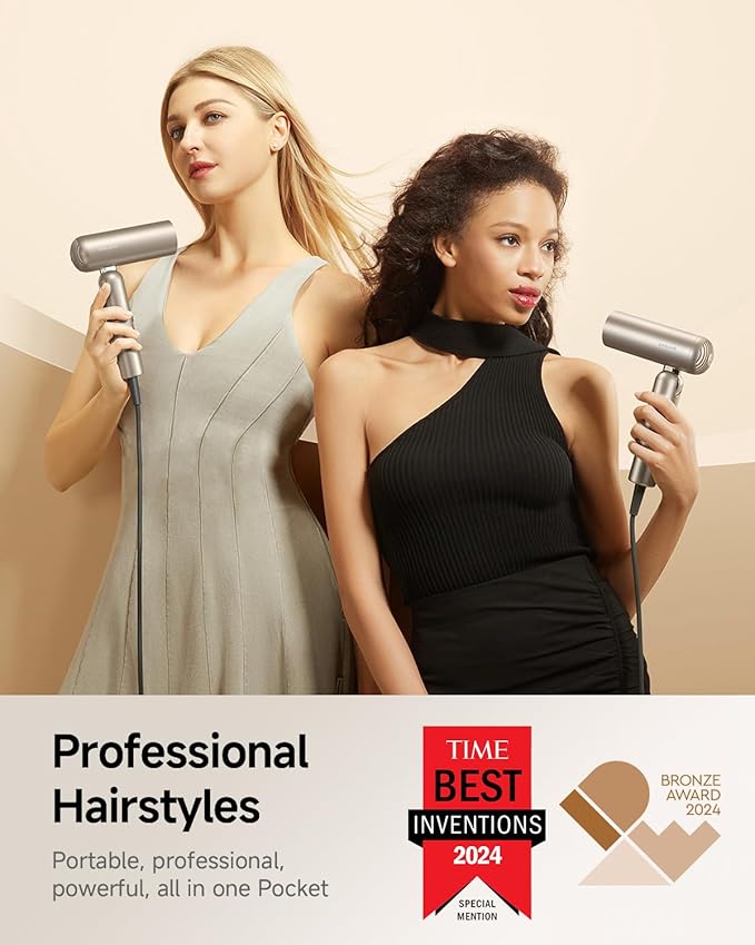 DREAME Pocket Pure High-Speed Hair Dryer, Lightweight Foldable Blow Dryer with 110,000 RPM Motor, Ionic Care, 5 Modes, Travel Bag, Quiet Fast Drying for Frizz-Free Hair