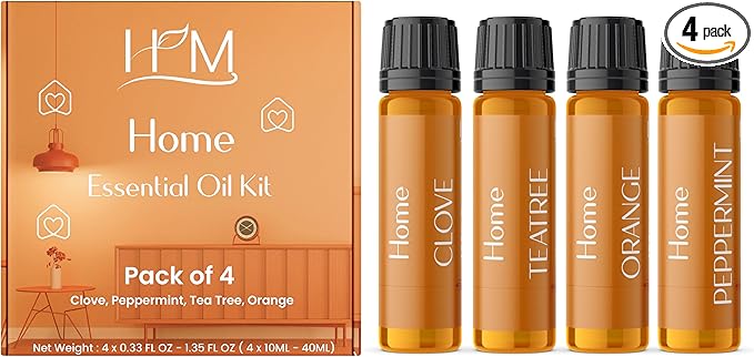HM Home Essential Oil Gift Set, 4 Pack - Clove, Peppermint, Tea Tree & Orange - Aromatherapy Oils for Diffuser, Humidifier, Home Fragrance, Housewarming & Self Care Gifts - 10 mL Each
