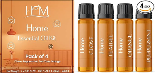 HM Home Essential Oil Gift Set, 4 Pack - Clove, Peppermint, Tea Tree & Orange - Aromatherapy Oils for Diffuser, Humidifier, Home Fragrance, Housewarming & Self Care Gifts - 10 mL Each