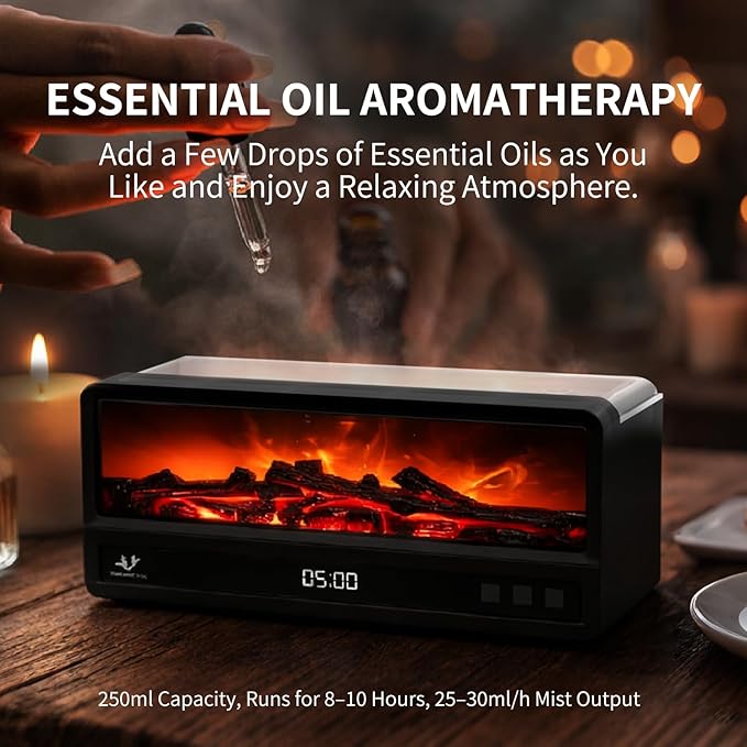 Fireplace Flame Humidifier with Magnetic Remote, 250ml Flame Diffuser, 7-Color Ambient Light, Quiet Aromatherapy Humidifier for Bedroom & Home Decor（matte black）