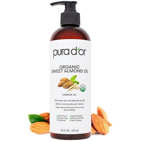 PURA D'OR ORGANIC Sweet Almond Oil (16 Oz) 100% Pure & Natural USDA Certified Cold Pressed Carrier Oil For DIY Beauty - Non-Greasy, Unscented, Hexane Free Moisturizer - For Hair & Skin | ORGANIC, 100% Pure, Natural, USDA Certified, Cold Pressed, Carrie...