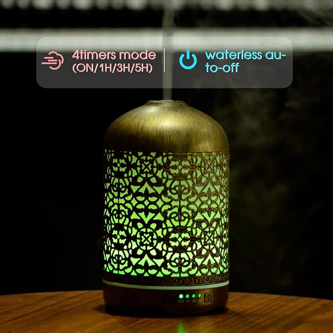 250ML Essential Oil Aromatherapy Diffuser for Home Bedroom Office Metal Hollow Decorative Room Ultrasonic Air Scent Mist Aroma Diffuser -Gold