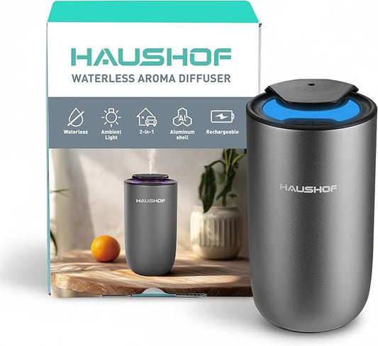 HAUSHOF Waterless Essential Oil Diffuser for Home & Car, Smart Aromatherapy Scent Diffuser with Auto On/Off, 3 Mist Levels & 3 Color Lights, Rechargeable Portable Design, Premium Silver Metal Finish