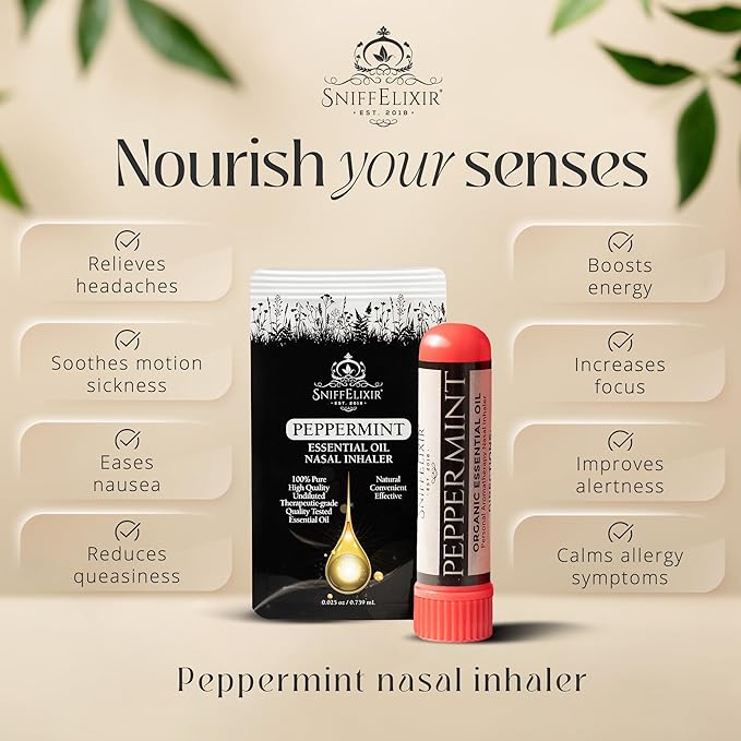 SniffElixir Nasal Stick Inhaler, Vapor Inhaler, Nasal Inhaler Stick, Peppermint Essential Oil Inhaler for Cooling Relief, Head Comfort & Travel Support, Organic Peppermint Oil