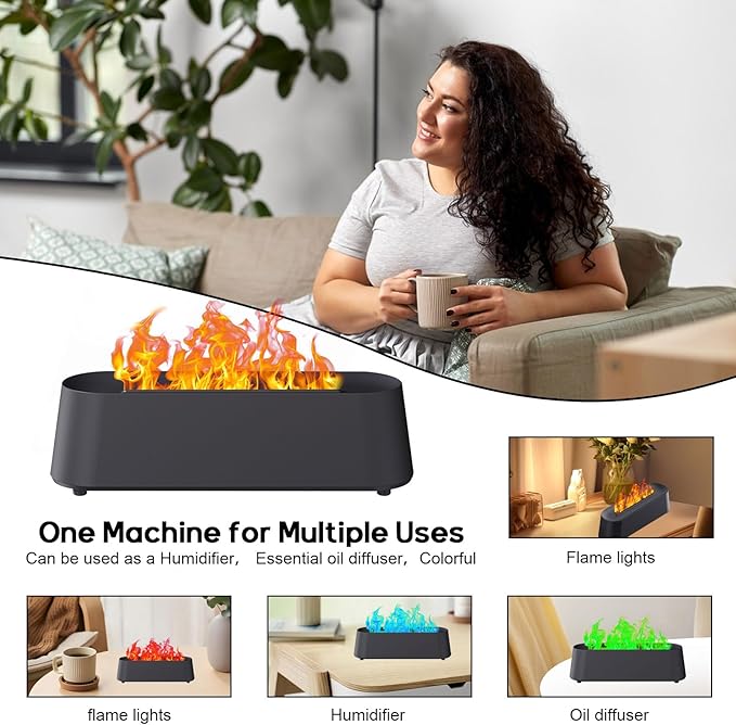 Flame Diffuser Humidifier, 7 Color Flame Air Diffuser Humidifier 300ml Oil Diffuser Flame for Home, Office, Timer and Waterless Auto Off