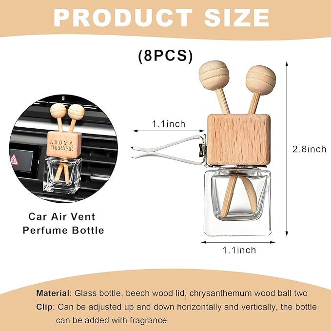 KVAEY 2PCS Car Diffuser Air Freshener Bottle, Refillable Empty Glass Perfume Bottles with Vent Clip, Universal Essential Oil Diffuser for Most Vehicles, Interior Car Accessories (8PCS, Word)