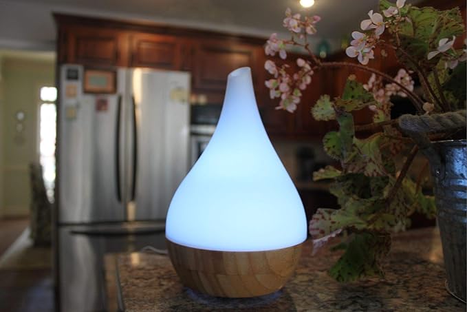 EcoGecko Essential Oil Diffuser Aromatherapy Oil Diffuser Solid Wood Bamboo Wood with Glass Top, Ultrasonic Cool Mist Oil Diffuser with Soft Color Changing Lights, Waterless Auto Shut-Off