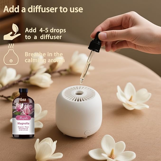 Magnolia Essential Oil – MLYNKL Magnolia Oils 4.33 fl oz for Diffusers, Humidifiers, Massage, DIY Candles, Soap, Cleaning, Home, Yoga, Office, Gifts - 130 ml