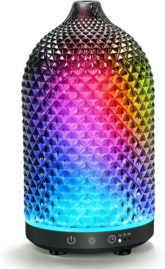 Essential Oil Diffuser 150ml,Glass Aromatherapy Diffuser with Ultrasonic Cool Mist, 7 Color LED Lights, 1/2/4H Timer, Quiet Auto Shut-Off Oil Diffuser for Bedroom, Home, Office (Black)
