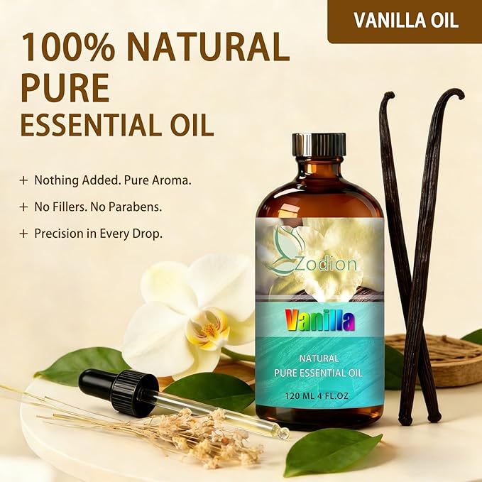 Vanilla Essential Oil, 4 fl oz (120ml) - ZODION Vanilla Fragrance Oil for Diffuser, Massage, Humidifier, DIY Candle, Soap Making, Home, Bath, Yoga