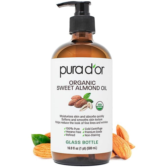 PURA D'OR ORGANIC Sweet Almond Oil (16.9 Oz GLASS BOTTLE) 100% Pure & Natural USDA Certified Cold Pressed Carrier Oil For DIY Beauty - Non-Greasy, Unscented, Hexane Free Moisturizer - For Hair & Skin