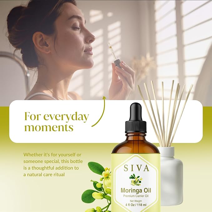 Siva Moringa Carrier Oil 4oz (118 ml) Premium Cold-Pressed 100% Natural Carrier Oil with Dropper for Skin Care, Hair Care, Scalp Massage & Body Massage