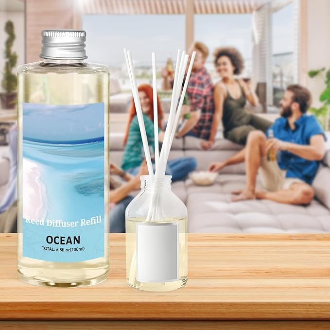 STRN Reed Diffuser Oil Refill, Ocean Scented Diffuser Oil Refills with 6 Reed Sticks 200ML(6.8fl.oz), Room Fresheners for Home, Long-Lasting Fragrance for Living Room, Bedroom, Office, Home Décor