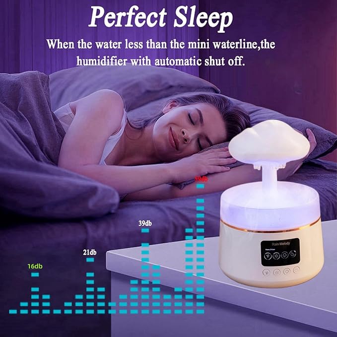 30db silent rain cloud humidifier for bedroom，3 types brightness and 7 color lighting humidifier, equipped with remote control & Bluetooth music, rain humidifier water dripsimulating rain sound sleep