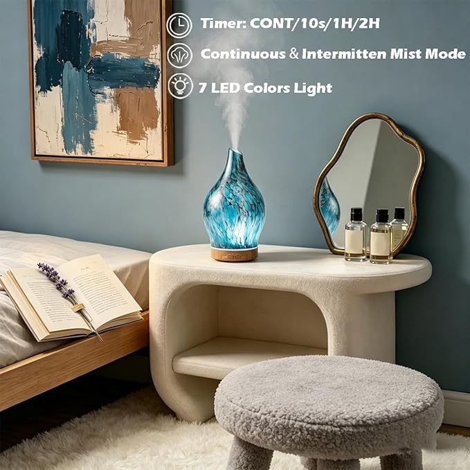3 Essential Oil Diffuser Set,200ml Glass Diffuser Small Humidifier with Timer,7 LED Color Lights,Waterless Auto Shut-Off for Office Home Room Decor Gifts for Women