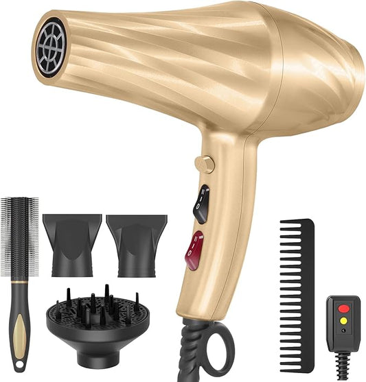 Ionic Hair Dryer,2400W Negative Ion Low Noise Hair Dryer Professional Fast Drying Hair Dryers with 2 Speeds, 3 Heat Settings, Cooling Button,with Diffuser for Curly and Straight Hair（Champagne Gold）