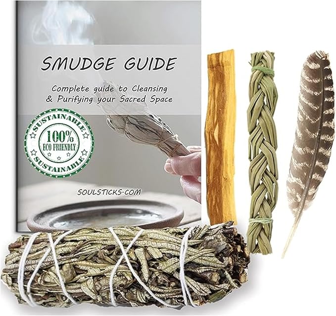 Ancient VEDA Organic Smudge Kit – Yerba Santa, Palo Santo, Sweetgrass Braid, Feather & Smudge Guide | Home Cleansing Kit for Meditation, Yoga, Energy Healing & Gift (Starter Kit, Yerba Santa Sage)