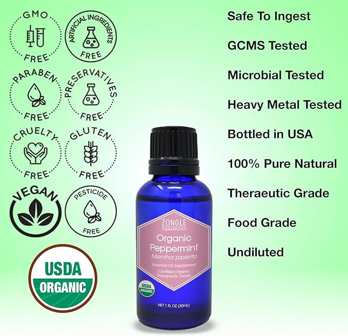Organic, Peppermint Oil, Food Grade, Edible, for Digestion, IBS, Hair – 100% Pure, Peppermint Essential Oil, Mint Oil, Safe for Ingestion, by Zongle Therapeutics, 1 OZ