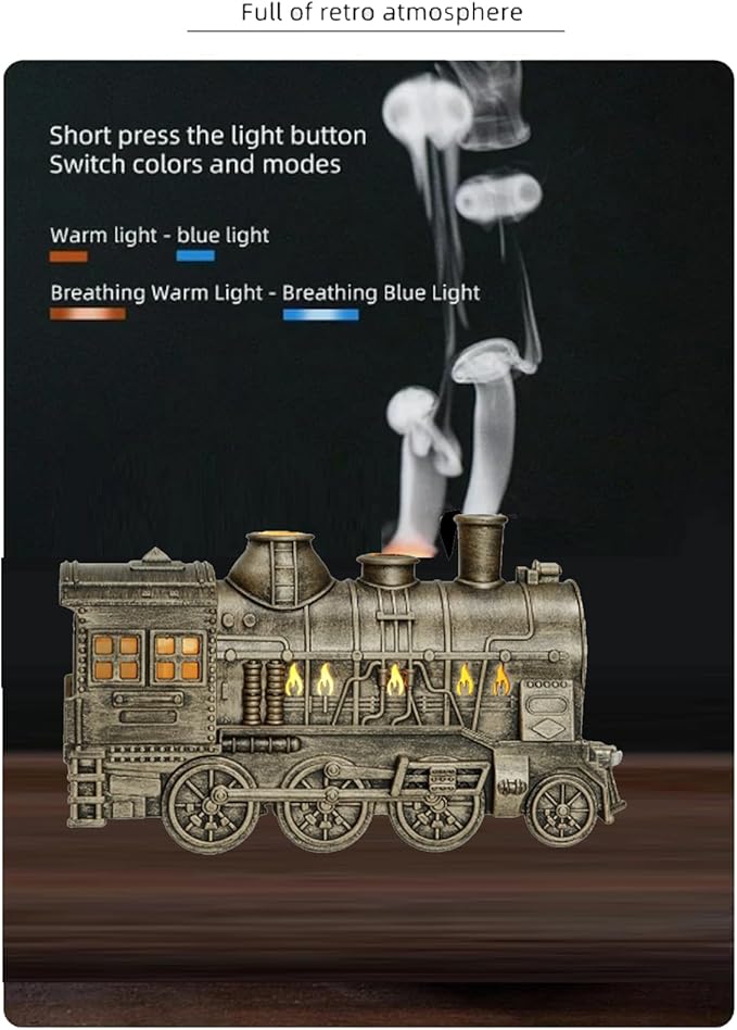 Retro Train Essential Oil Diffuser Humidifier 300ML - Steam Engine Cool Mist Humidifier with Dual Mist Modes & Auto Shut-Off, Quiet Aromatherapy Diffuser with Night Light for Home Office Decor