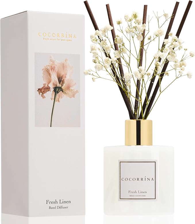 COCORRÍNA Reed Diffuser - Fresh Linen 6.7 fl oz Reed Diffuser with Sticks, Bedroom Bathroom Shelf Decor