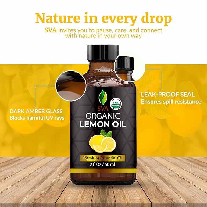 SVA Lemon Essential Oil Organic – 2 Fl Oz – 100% Natural Organic Lemon Oil - for Diffuser, Hair, Face, Skin Care, Aromatherapy, Scalp and Body Massage, Soap and Candle Making - with Dropper