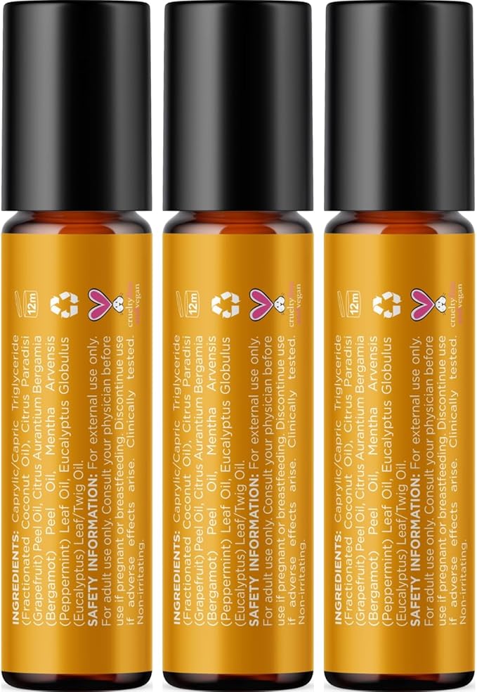 Focus Essential Oil Roll On - Aromatherapy Essential Oil Roller with Invigorating Pure Citrus and Mint Oils - Attention and Focus Essential Oil Blend with Eucalyptus Peppermint & Grapefruit (3 Pack)