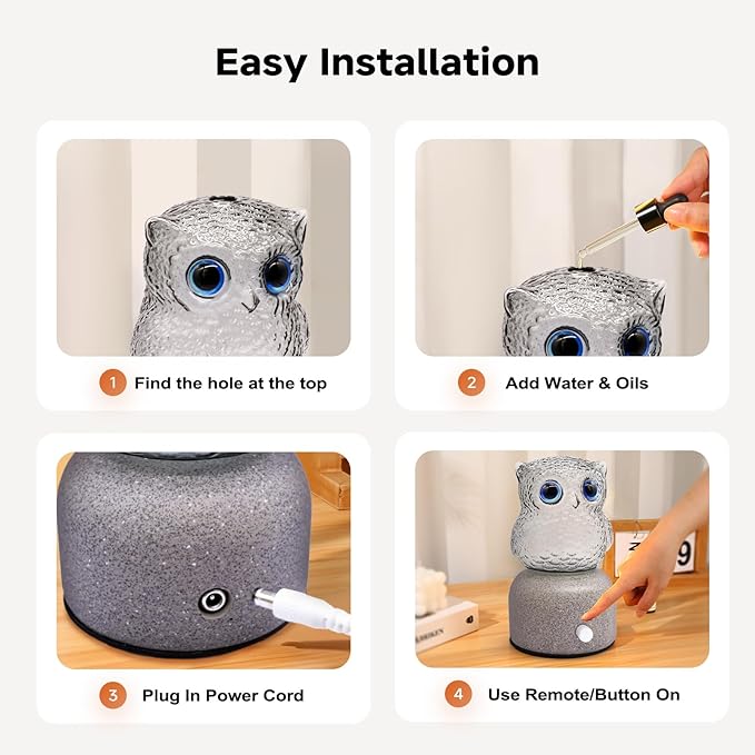 DAROMA Handcrafted Pottery Stone & Glass Essential Oil Diffuser, Owl Portable Waterless Aromatherapy with Auto Off, Adjustable Brightness, Ideal for Home, Office, Bedroom, Gift