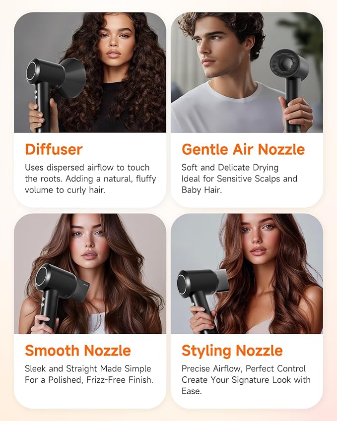 Professional Hair Dryer with Diffuser for Curly Hair, 400M Negative Ionic Blow Dryer for Fast Drying, 120,000 RPM High-Speed Brushless Motor, Low Noise Lightweight, Travel-Friendly (Silver Blue)