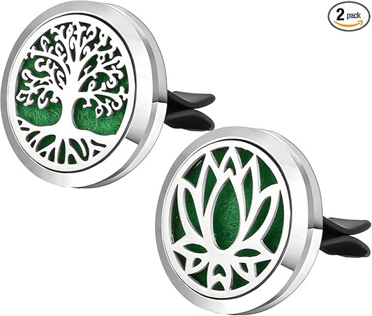 KVAEY 2PCS 30mm Car Diffuser Vent Clips, Tree of Life Aromatherapy Essential Oil Diffuser Locket with 12 Felt Pads, Stainless Steel Car Diffuser Locket Air Freshener (Silver)