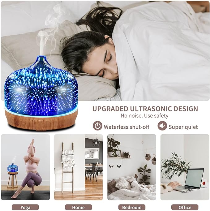 Porseme 500ml Essential Oil Diffuser 3D Glass Aromatherapy Ultrasonic Humidifier-Auto Shut-Off, Timer Setting, BPA Free for Home Hotel Yoga SPA Gift