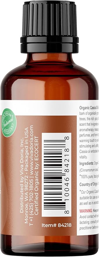 Viva Doria Cassia Essential Oil, USDA Certified Organic Cassia Oil, 100% Pure, Natural Essential Oil, Undiluted, for Aromatherapy | Food Grade, 30 mL (1 Fluid Ounce)