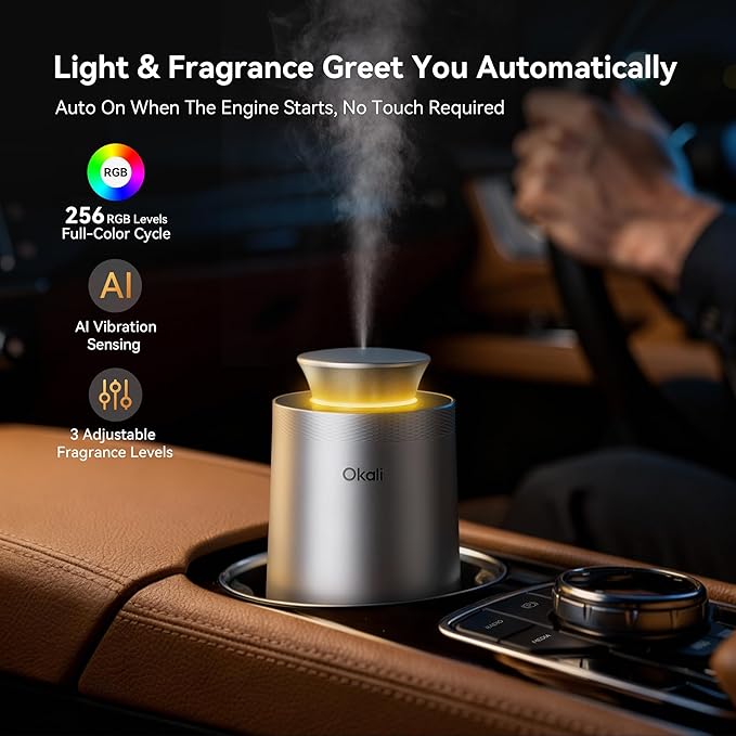 Okali Smart Car Air Fresheners, Strong Fragrance Experience Car Freshener, Sandalwood Cologne & White Musk,All-Aluminum Alloy Automotive Diffuser,Support DIY Perfume, Auto ON/OFF