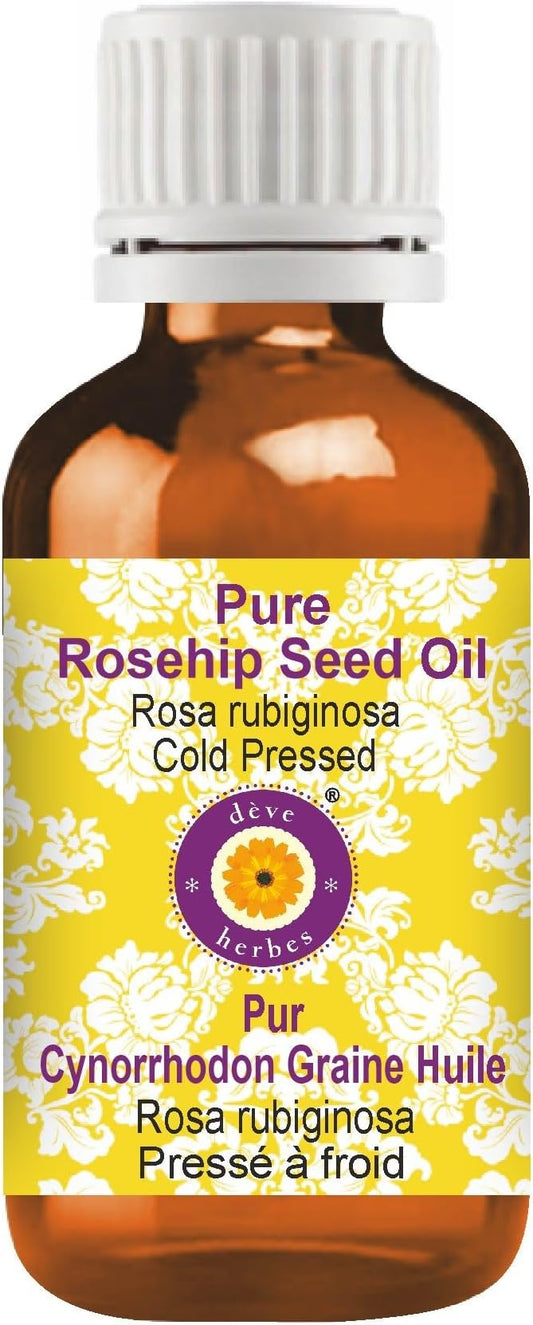 Deve Herbes Rosehip Seed Oil (Rosa rubiginosa) | Cold Pressed | Pure | Natural | Undiluted | For Diluting Essential oils | For Skin & Massage | Non-Sticky| Lightweight| Men & Women | 30ml (1 oz)