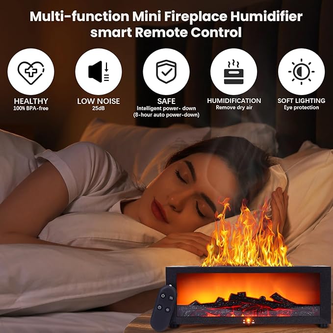 Fireplace Humidifier Diffuser, 7 Colors Flame Diffuser for Essential Oils, Fire Aroma Diffuser with Remote, Ultrasonic Air Humidifiers Aromatherapy Diffuser with Timer for Home, Bedroom, Office, Yoga