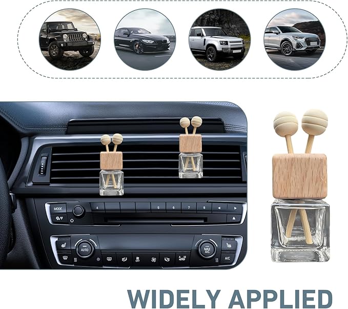 2 PCS Car Air Vent Diffuser Clips, Refillable Empty Glass with Wooden Cap, Straight Outlet Diffuser Ornament with Secure Back Clip, Universal Decorative Accessory for Cars (Transparent)