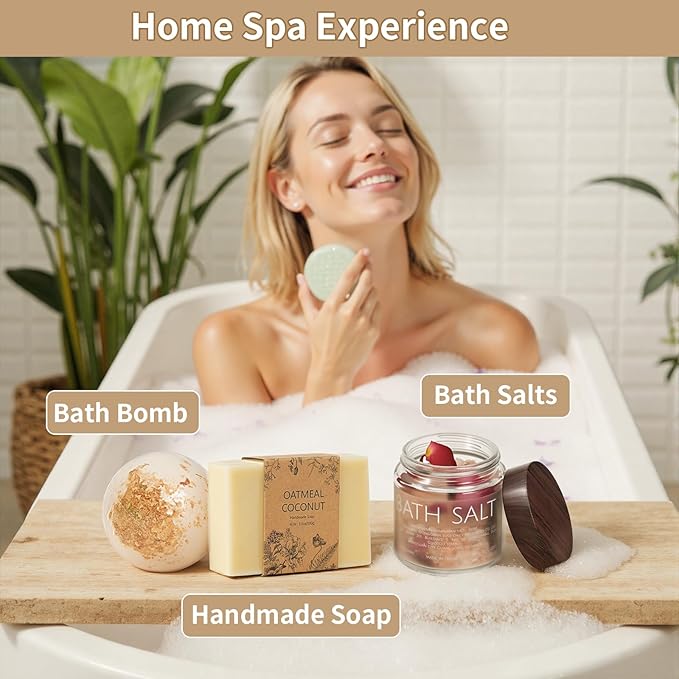 Self Care Gifts Baskets for Women, Relaxing Spa Care Package for Women, Mother's Day Birthday Gift Get Well Soon Gifts Baskets Thinking of You Gift, Spa Gift Basket with Bonnet & Massgae Comb, Beige