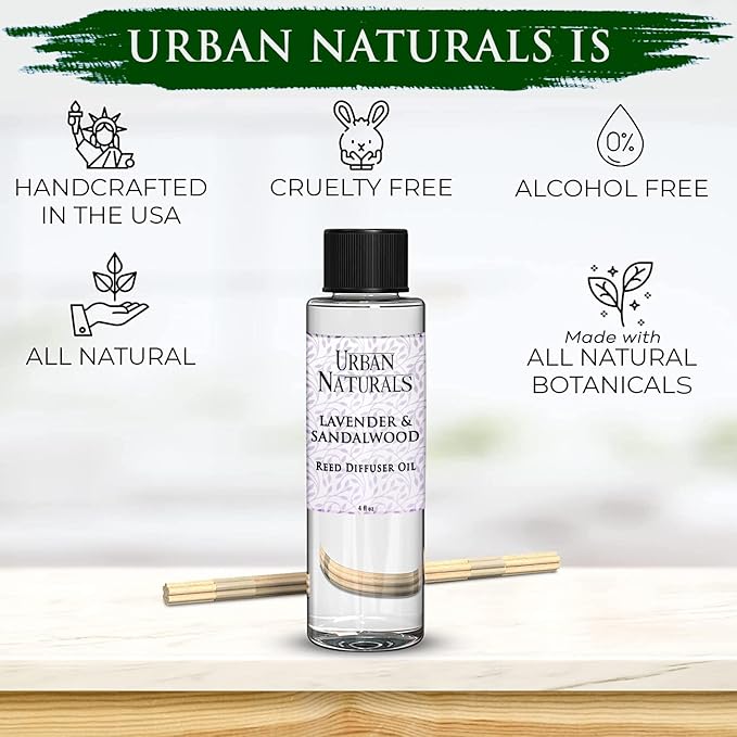 Urban Naturals Lavender & Sandalwood Scented Oil Reed Diffuser Refill and Reed Sticks, 4 oz (2 Pack)