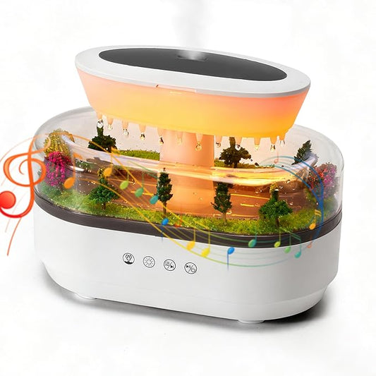 Rain Cloud Humidifier Diffuser with Natural Rain Sounds Ocean Waves Crackling Fire 7 Color Night Light 250mL Large Tank Quiet Operation 4-8 Hour Timer Auto Shut Off for Bedroom Sleep Office Relaxation