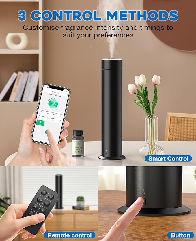 Waterless Scent Diffuser Starter Kit, 150mL Capacity Covers 1000 Sq Ft, Rechargeable Essential Oil Diffuser for Large Room, Home, Office, Hotel Scent Diffuser with 80 ml Scent Oil, 3 Control Modes