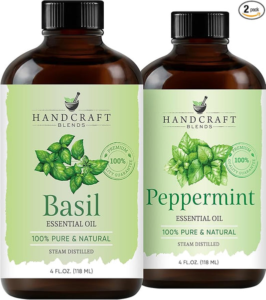 Handcraft Blends Herbal Focus Set: Peppermint and Basil Essential Oils – (2 x 4 Fl Oz) – 100% Pure & Natural – for Diffuser, Aromatherapy, and DIY Projects