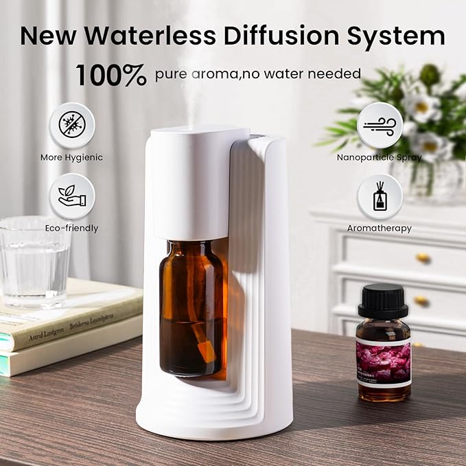 LAMA Waterless Essential Oil Diffuser, Portable Small Mini Scent Air Machine, Quiet Leak-Proof Home Fragrance Aroma Diffuser, USB Air Freshener with 1/2/3H Auto-Off Mode, 3 Mist Levels, White