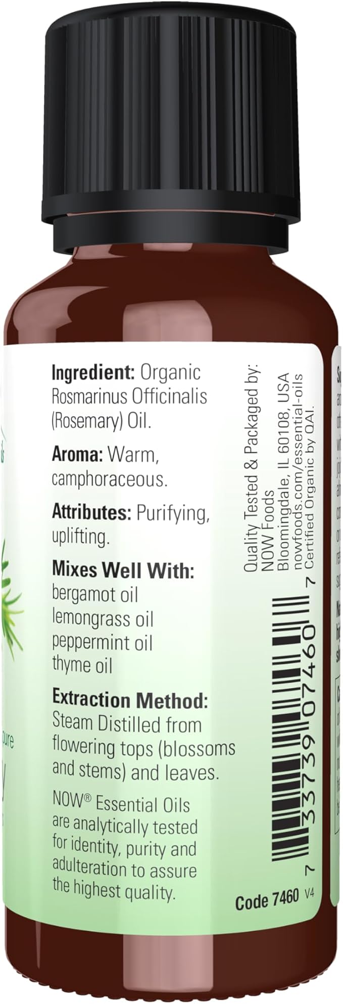 NOW Essential Oils, Organic Rosemary Oil, Purifying Aromatherapy Scent, Steam Distilled, 100% Pure, Vegan, Child Resistant Cap, 1-Ounce
