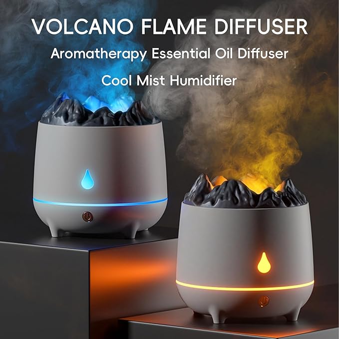 YALEDI Volcano Flame Diffuser, Aromatherapy Essential Oil Diffuser, 400ml Ultrasonic Cool Mist Humidifier for Bedroom,Office,Home,Yoga, Timer & Auto Shut-Off, Colorful Ambient Night Light (Black)