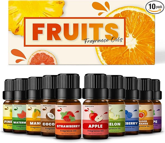 Fruity Fragrance Oil for Candle & Soap Making, INWICOPH Premium Essential Oils 5ml x 10 - Blueberry, Strawberry, Mango, Blood Orange, Essential Oil Diffusers for Home