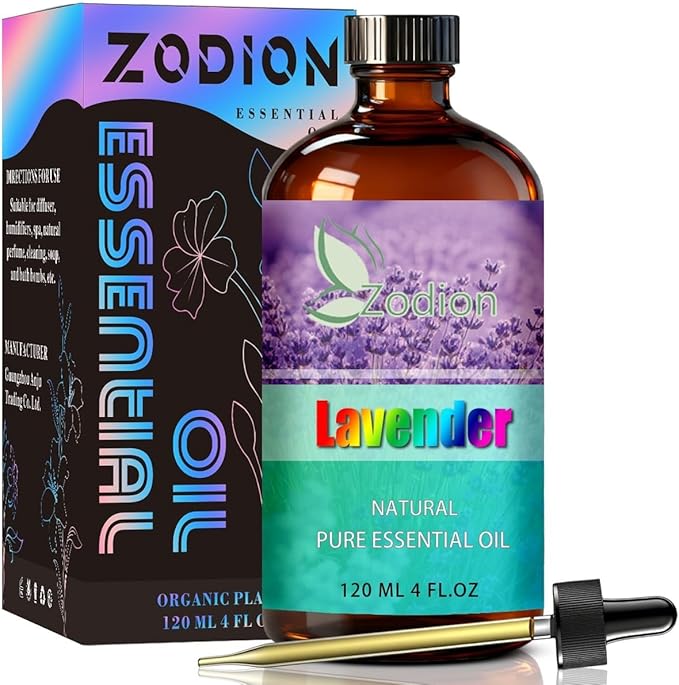 Lavender Essential Oil, 4 fl oz (120ml) - ZODION Lavender Fragrance Oil for Diffuser, Massage, Humidifier, DIY Candle, Soap Making, Home, Bath, Yoga